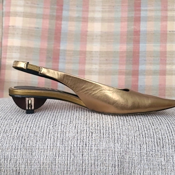 Zara Metallic Gold Genuine Leather Geometric Heel Sling Backs - Picture 7 of 8